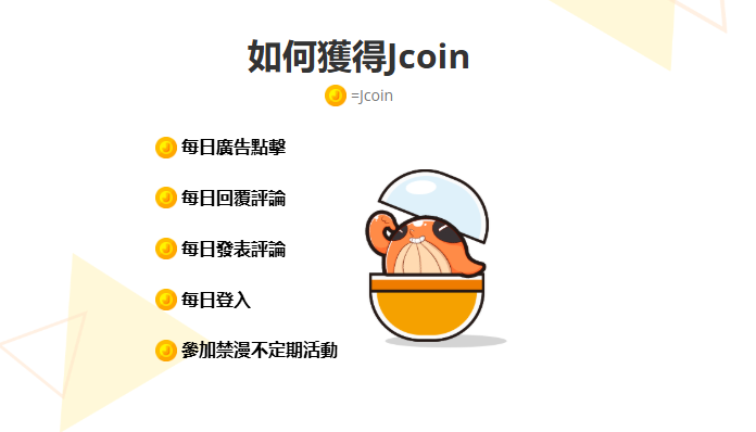 禁漫天堂 JCoin 获取方式图，包括广告点击、回复评论、发表评论、每日登录和活动奖励